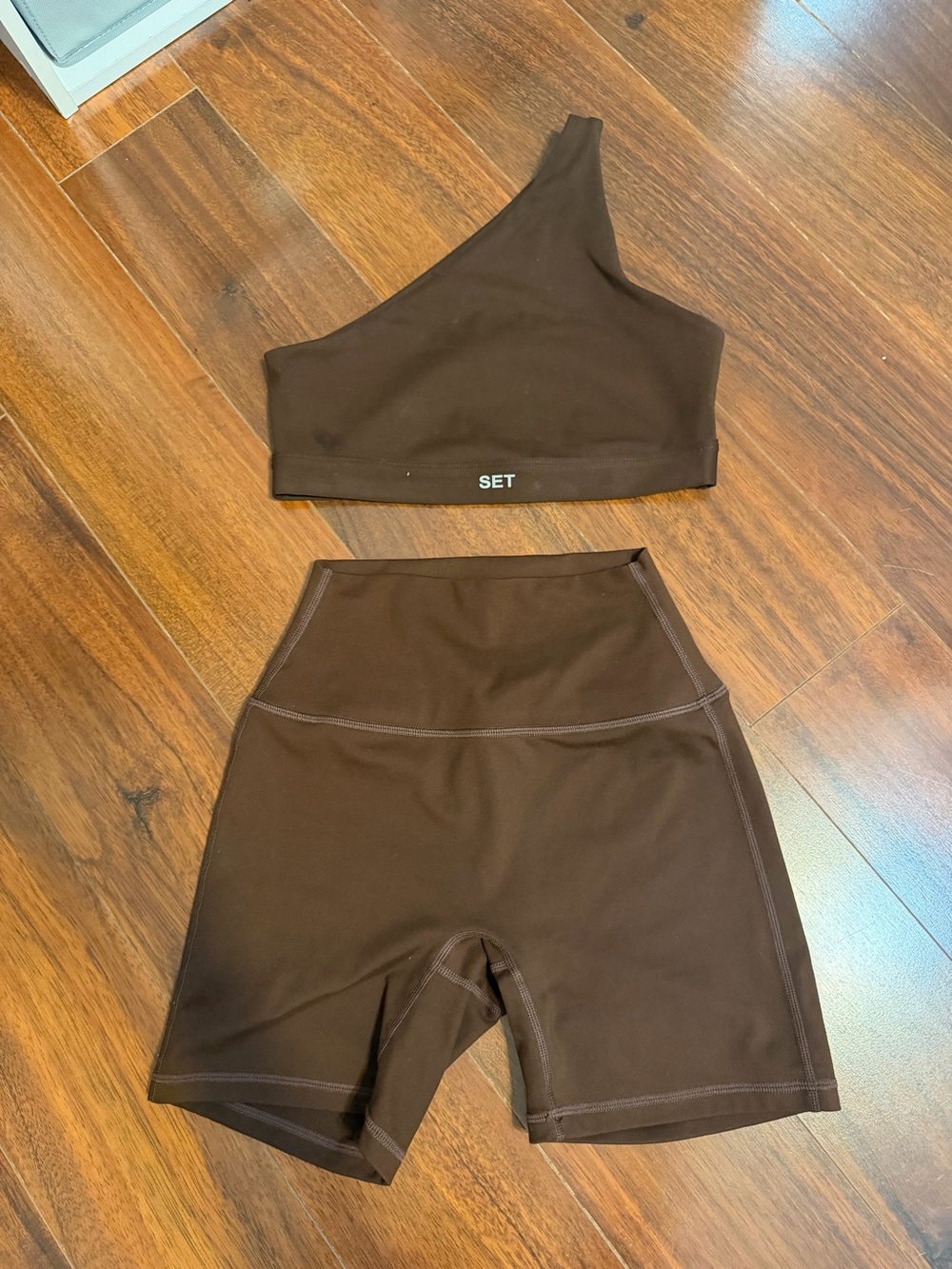 SET Active One-Shoulder Sports Bra & High-Waist Biker Shorts - Chocolate Brown
